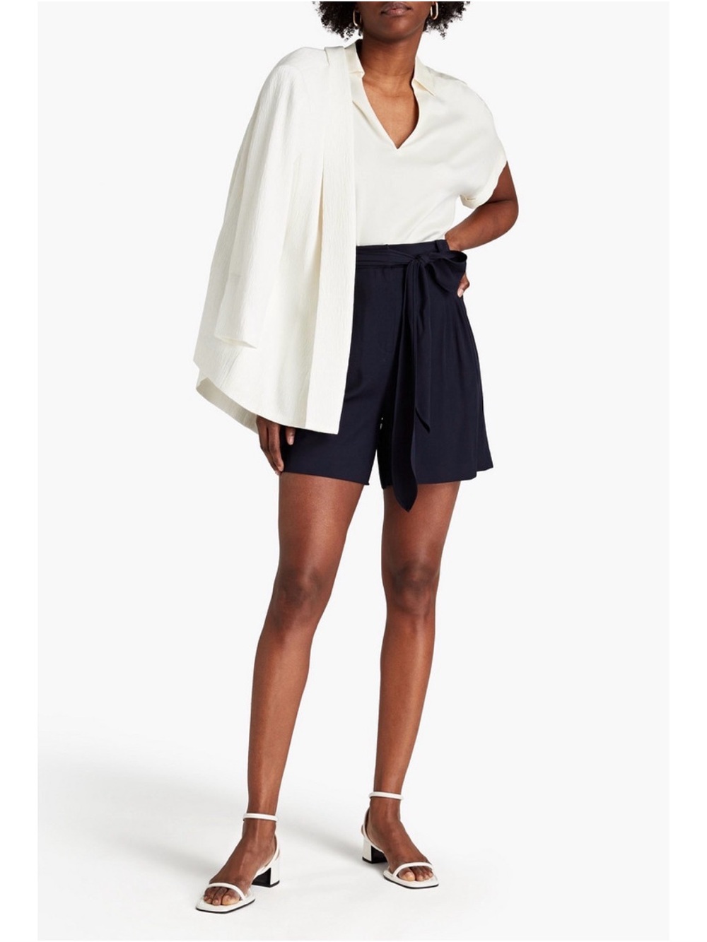 Halston Navy High-Waist Tie-Belt Shorts